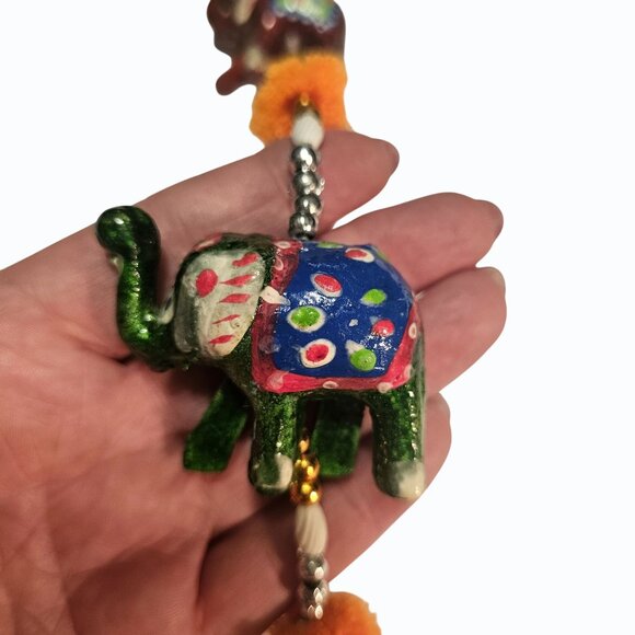 Elephant Wall Door Hanging 7 Trunk Up Paper Mache Elephants Beads PomPoms Bell - Picture 5 of 16